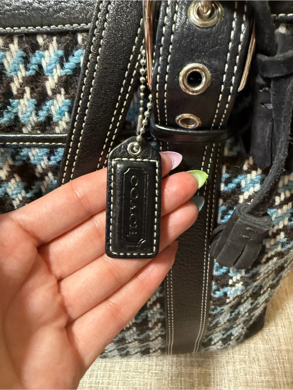 Houndstooth Pattern Tote Bag with Black Leather Trim
